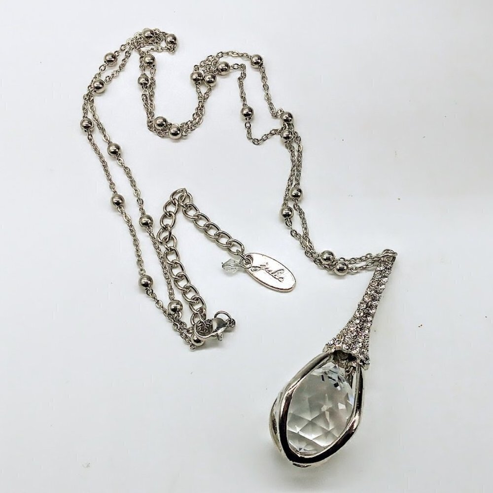 Jules Caged Briolette Crystal Pendant Beaded Silver Chain